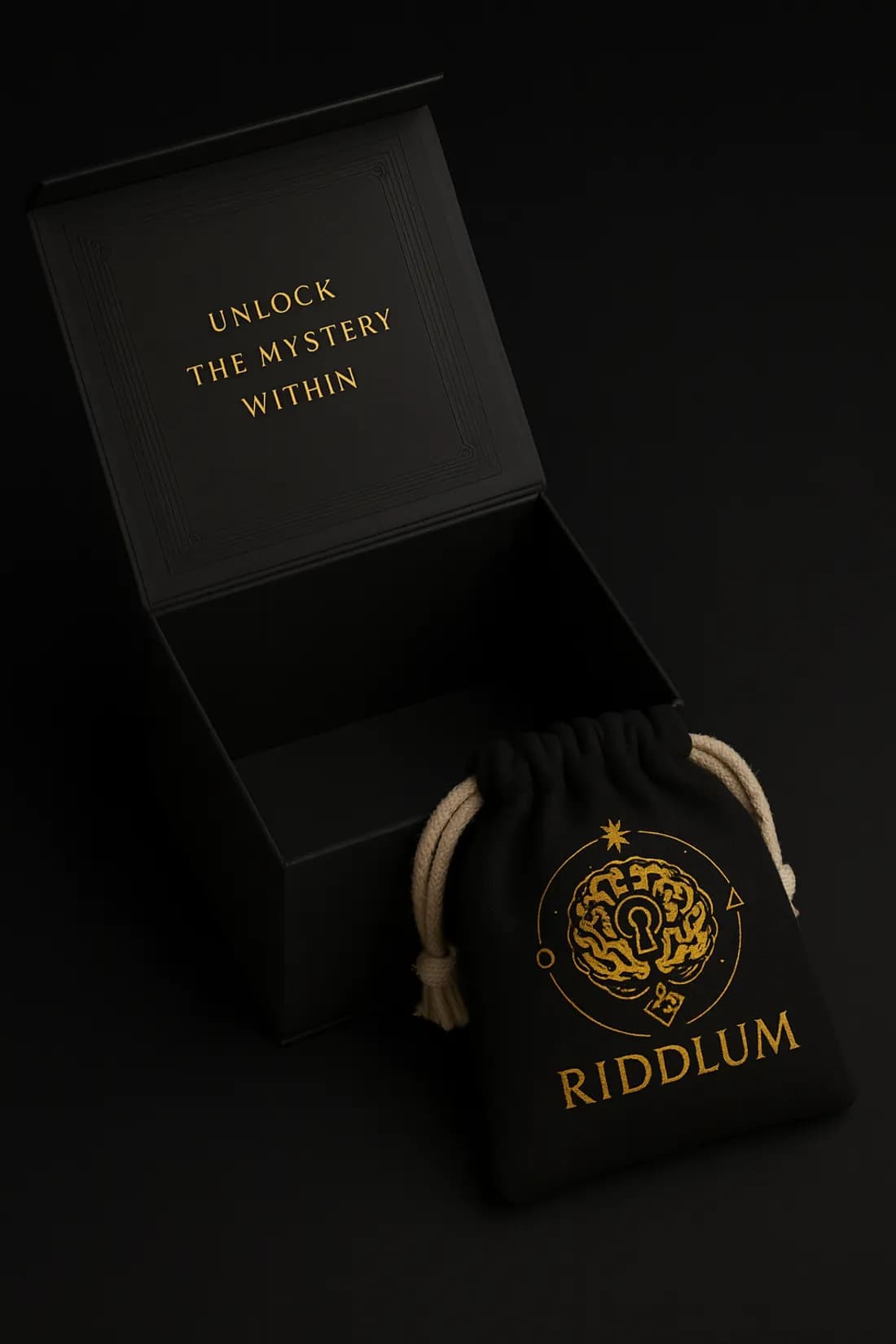 A Riddlum puzzle box, open, with the drawstring pouch inside